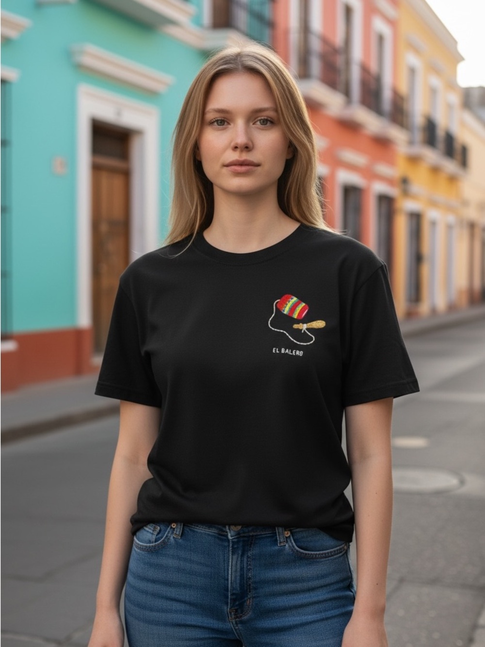 Black Graphic Tee with Colorful Hand Embroidered Maraca Fiesta Mexicana Latina